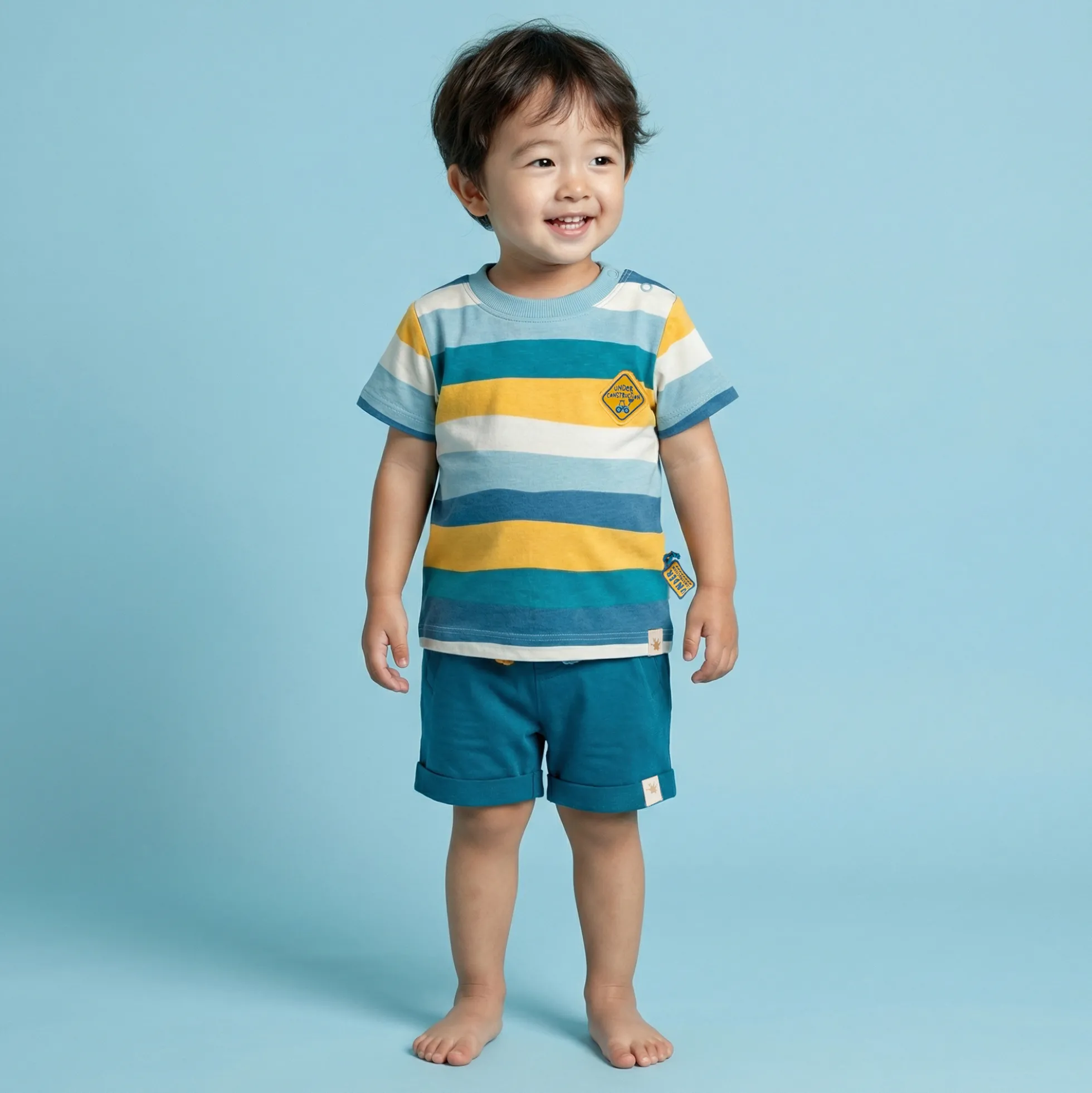 Baby Bermudas mit Aufschlag Fahrzeuge, blaugrün