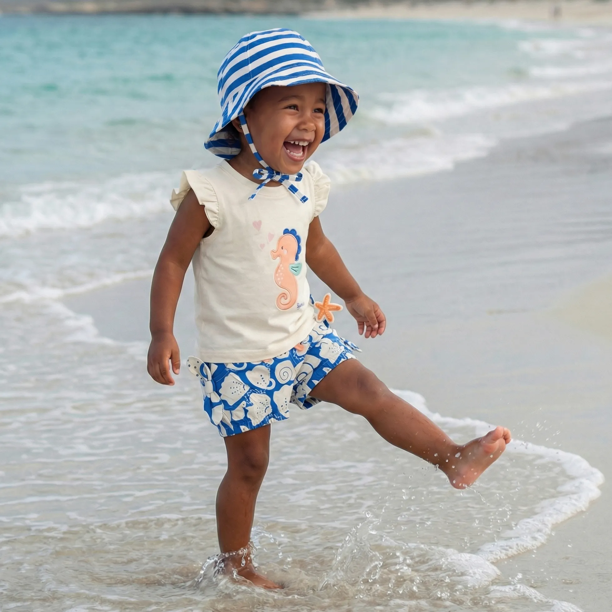 Baby Shorts Strand Print, blau mit weiß