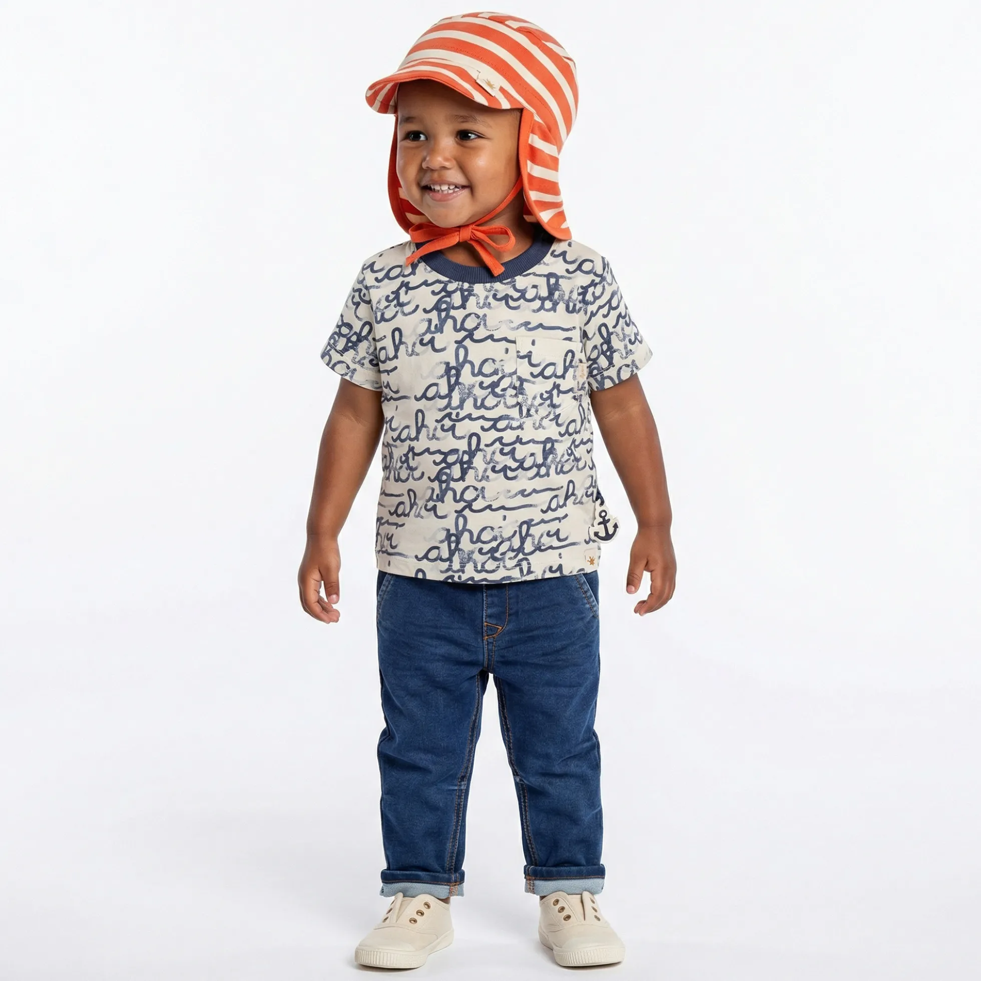 Baby Sonnenhut mit Nackenschutz, rot-weiß geringelt