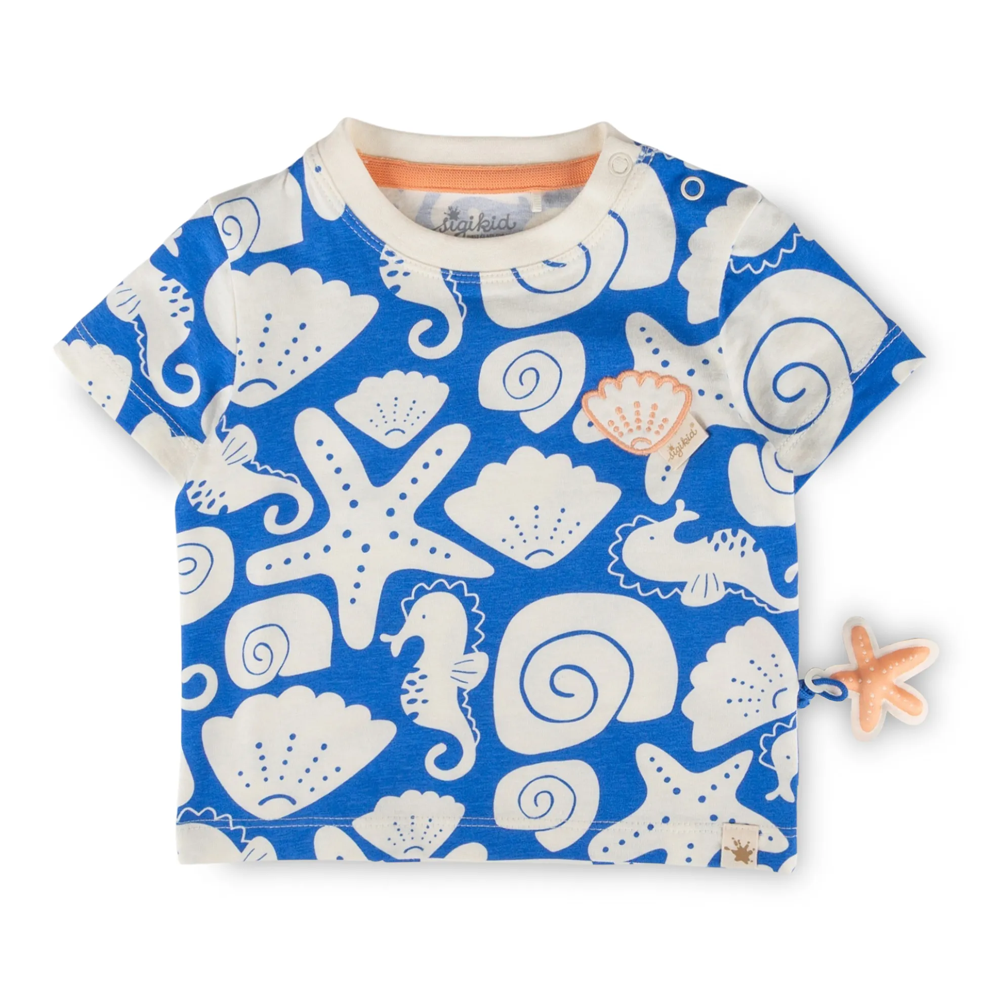 Baby T-Shirt Strand Print, blau mit weiß