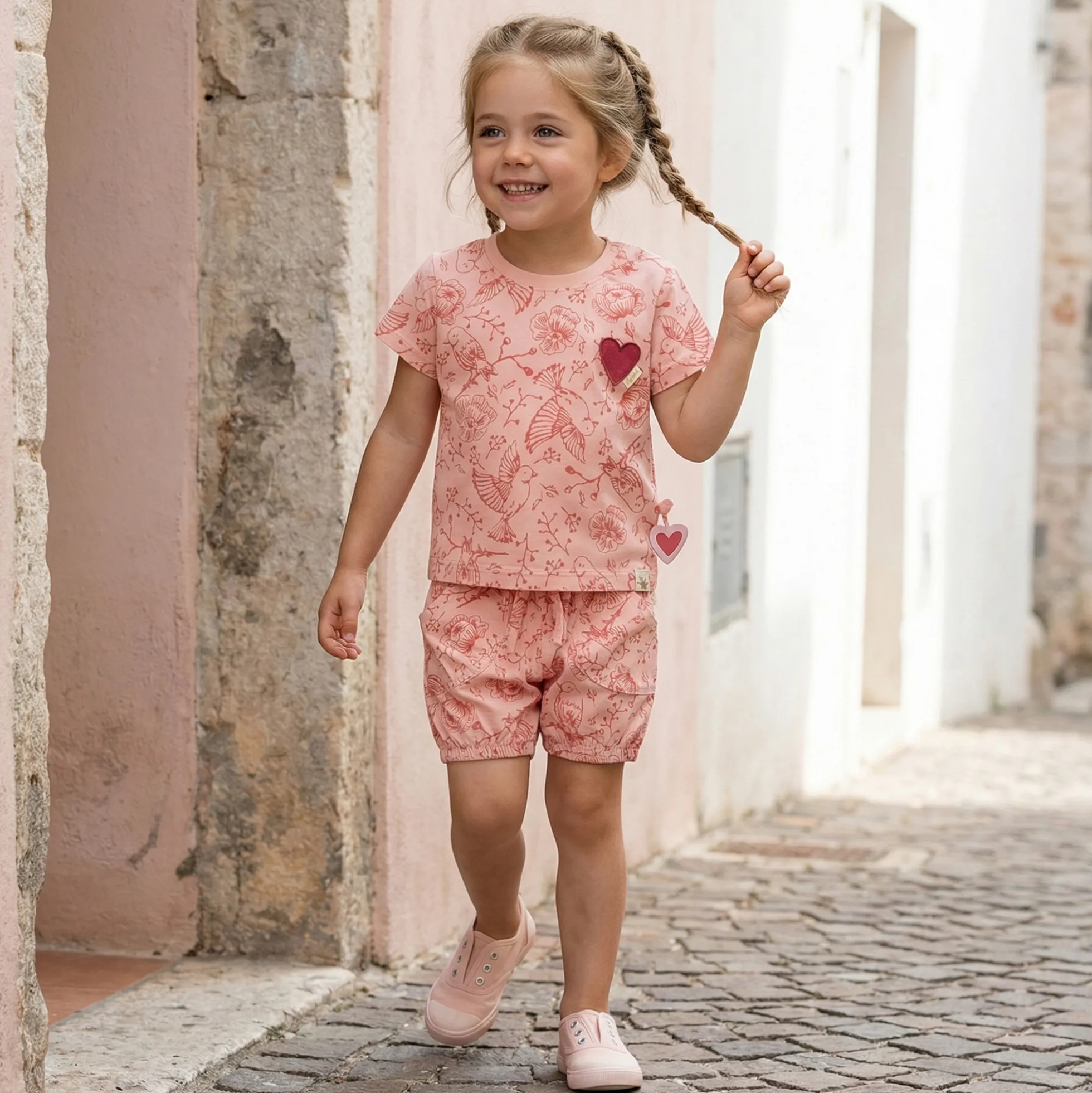 Baby T-Shirt Vögelchen Print mit Herzchen, rosa