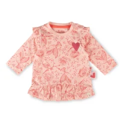 Baby Volant Longshirt mit Vögelchen Print und Herzchen Motiv, rosa