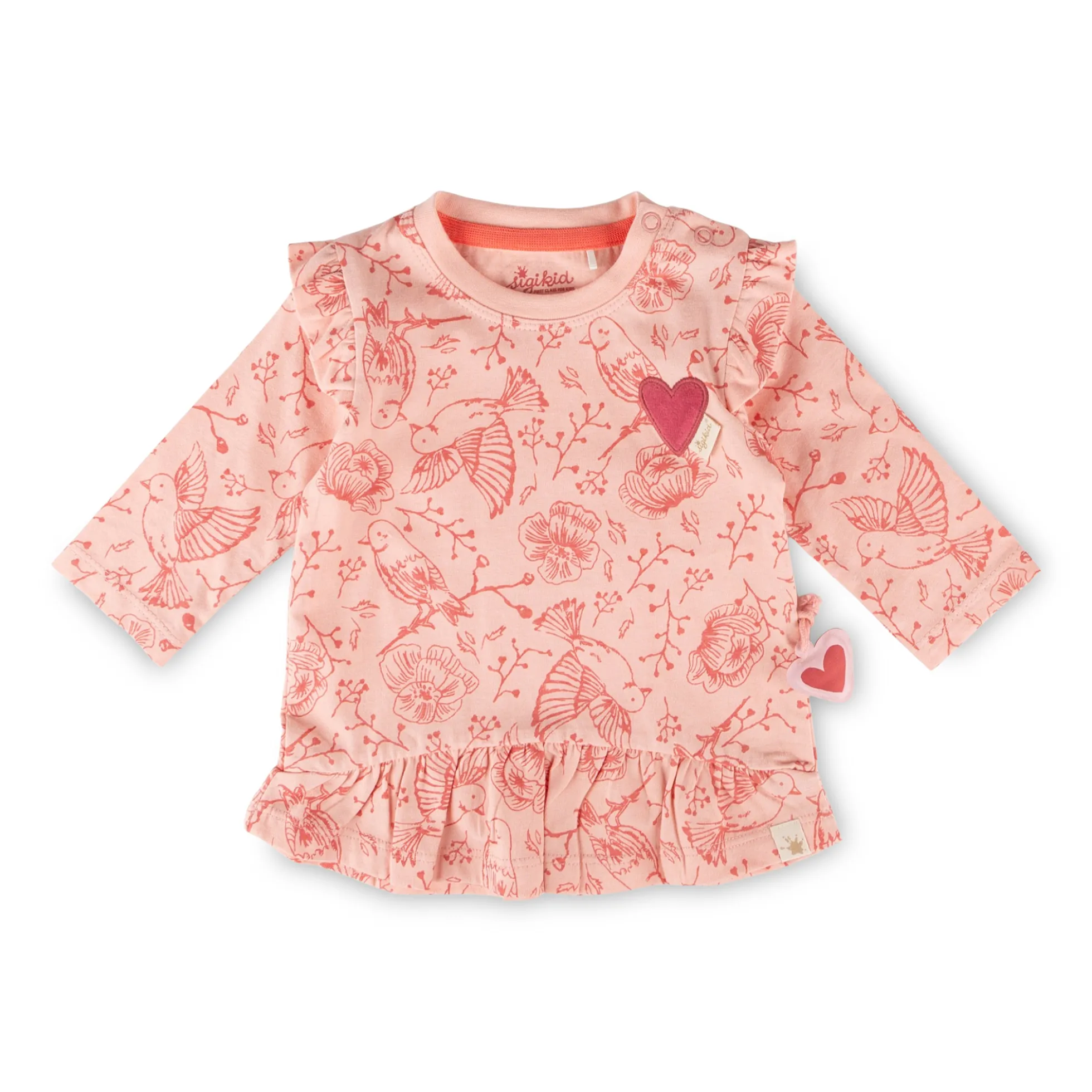 Baby Volant Longshirt mit Vögelchen Print und Herzchen Motiv, rosa