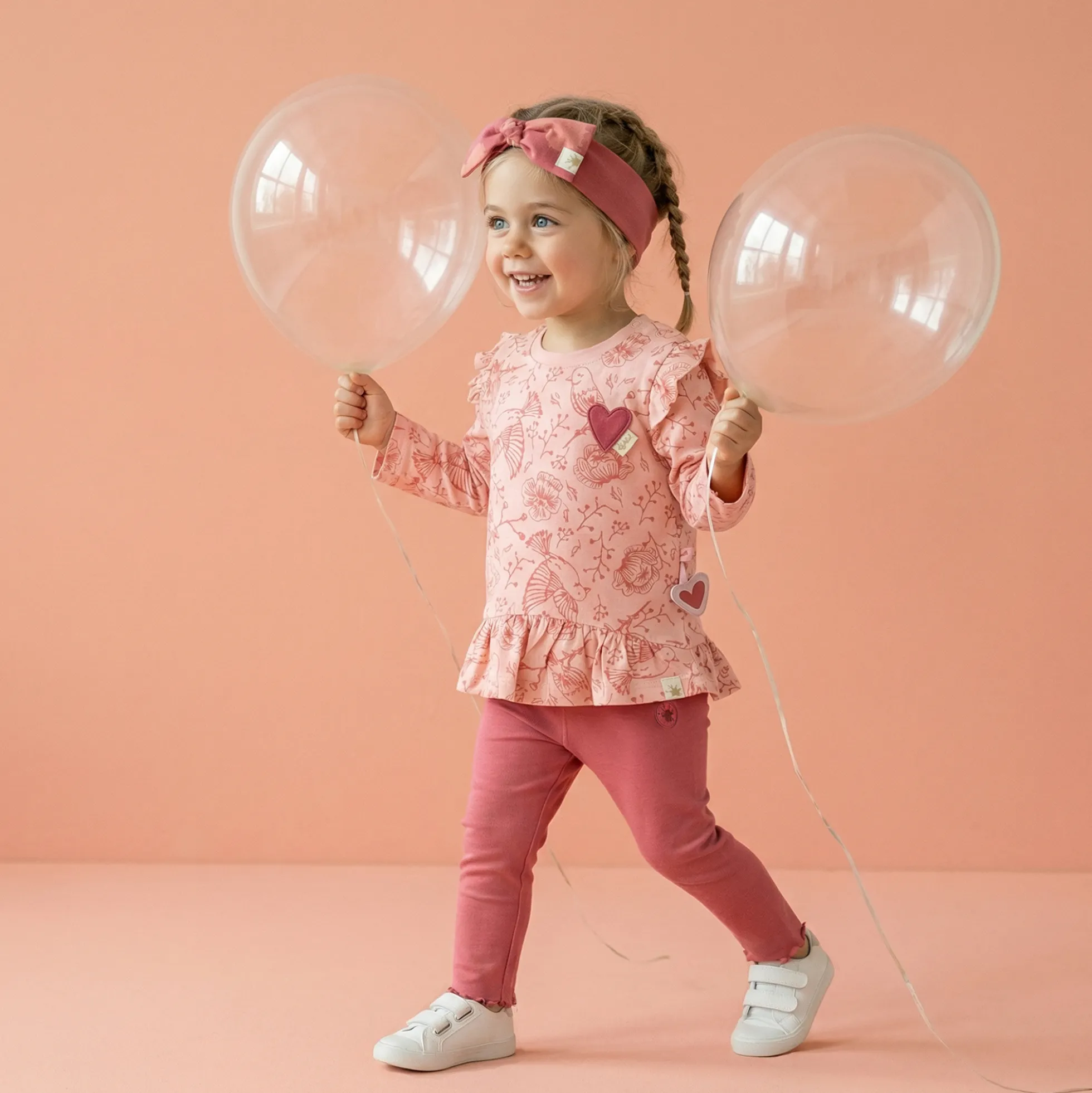 Baby Volant Longshirt mit Vögelchen Print und Herzchen Motiv, rosa