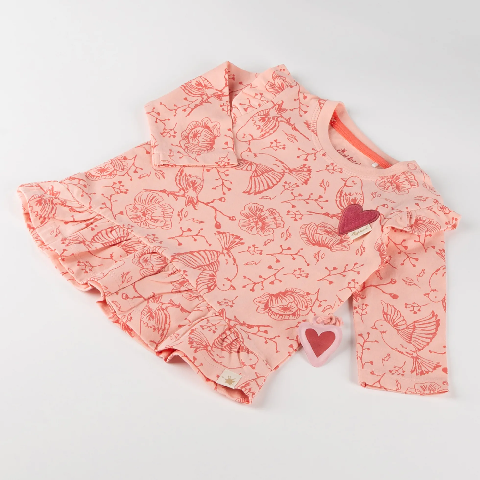 Baby Volant Longshirt mit Vögelchen Print und Herzchen Motiv, rosa