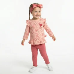 Baby Volant Longshirt mit Vögelchen Print und Herzchen Motiv, rosa