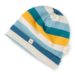 Kinder Beanie, grün-blau-gelb-weiß gestreift