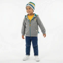 Kinder Beanie, grün-blau-gelb-weiß gestreift