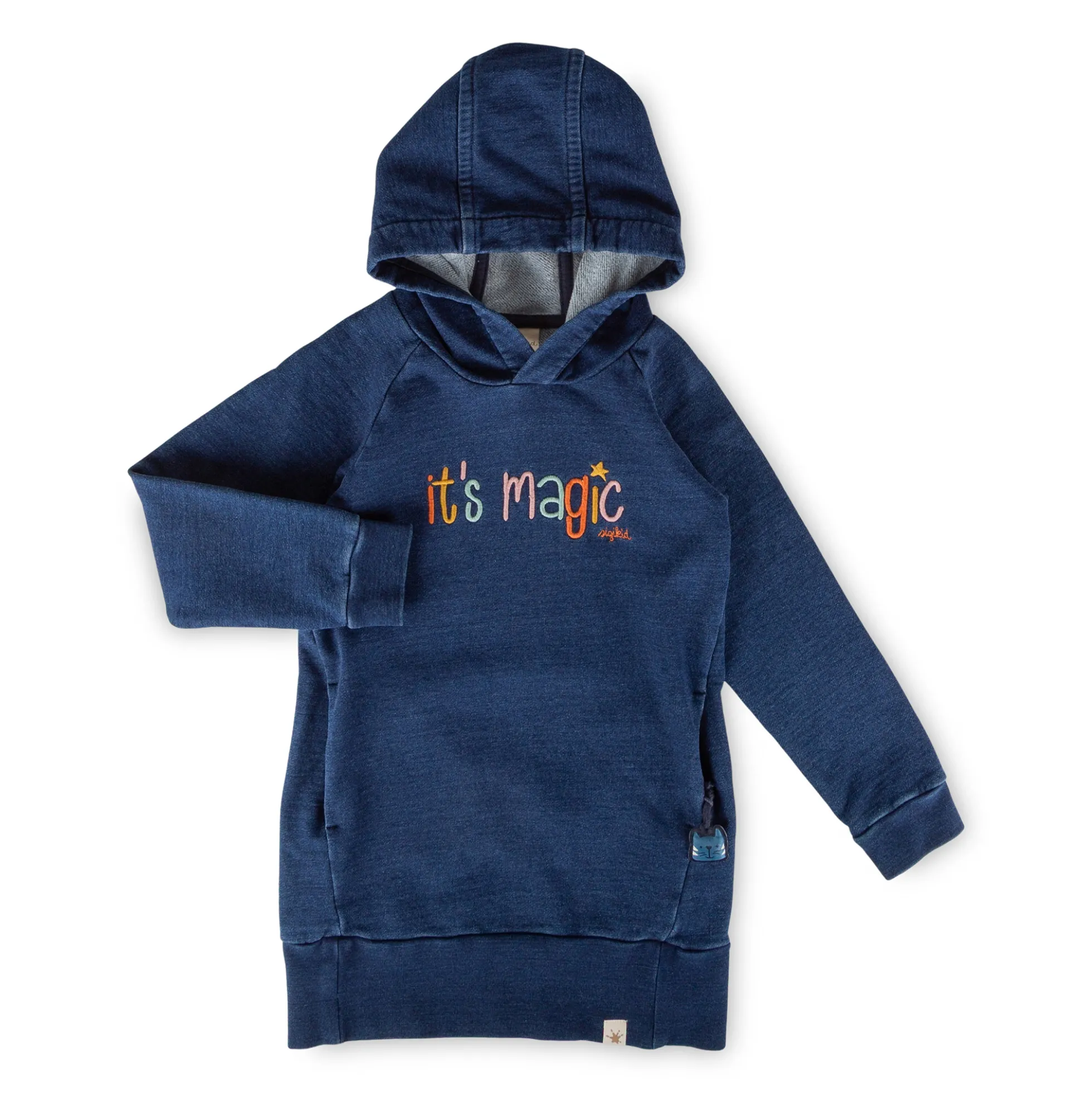 Kinder Kapuzen Sweatkleid Denim Optik bunt bestickt, dunkelblau