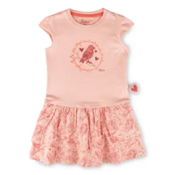 Kinder Kleid mit Vogel Motiv und 2-stufigen Volant, rosa