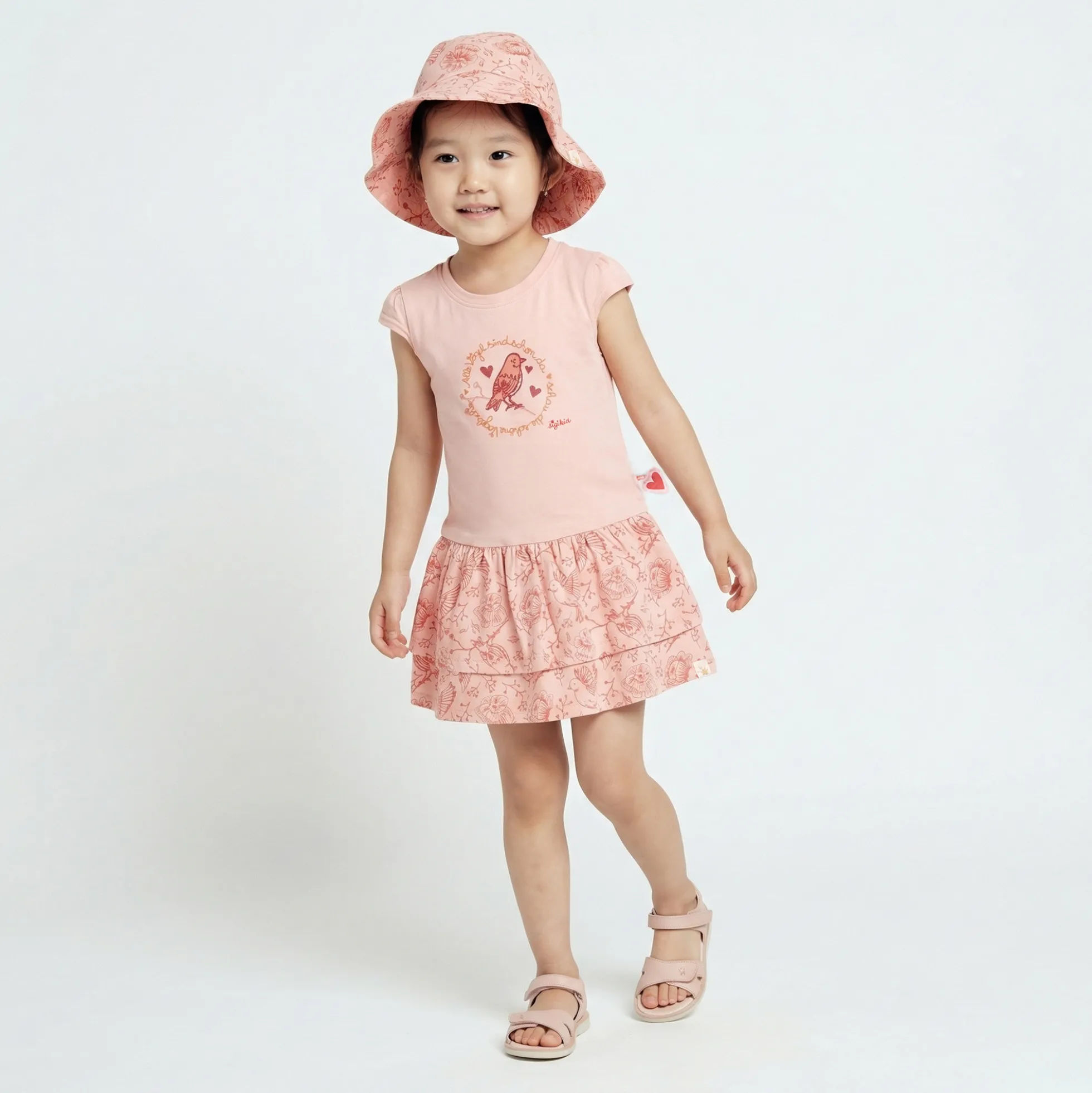 Kinder Kleid mit Vogel Motiv und 2-stufigen Volant, rosa