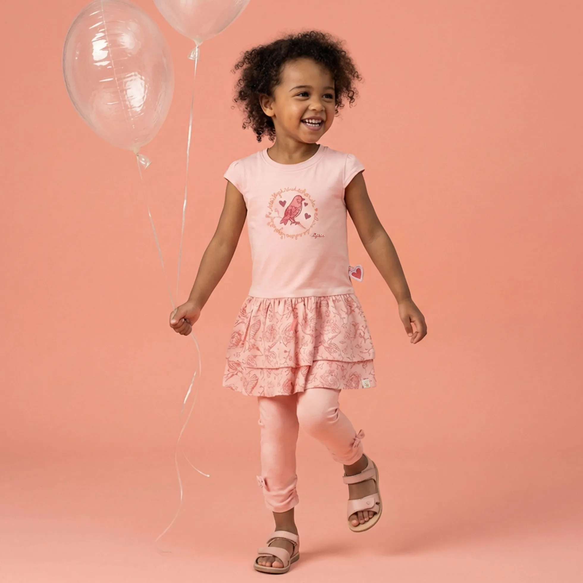 Kinder Kleid mit Vogel Motiv und 2-stufigen Volant, rosa