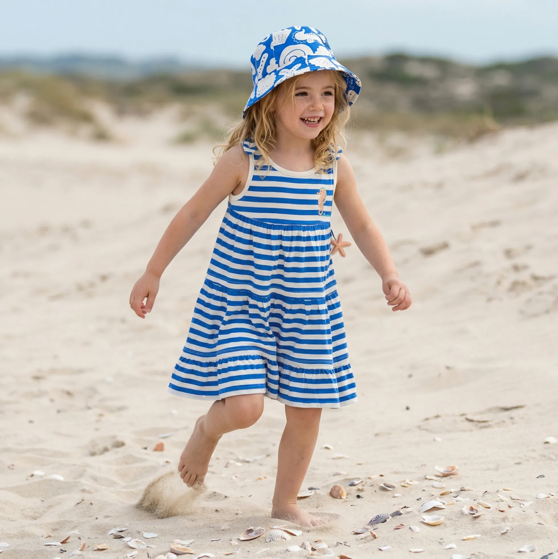 Kinder Ringel Kleid Seepferdchen,blau-weiß