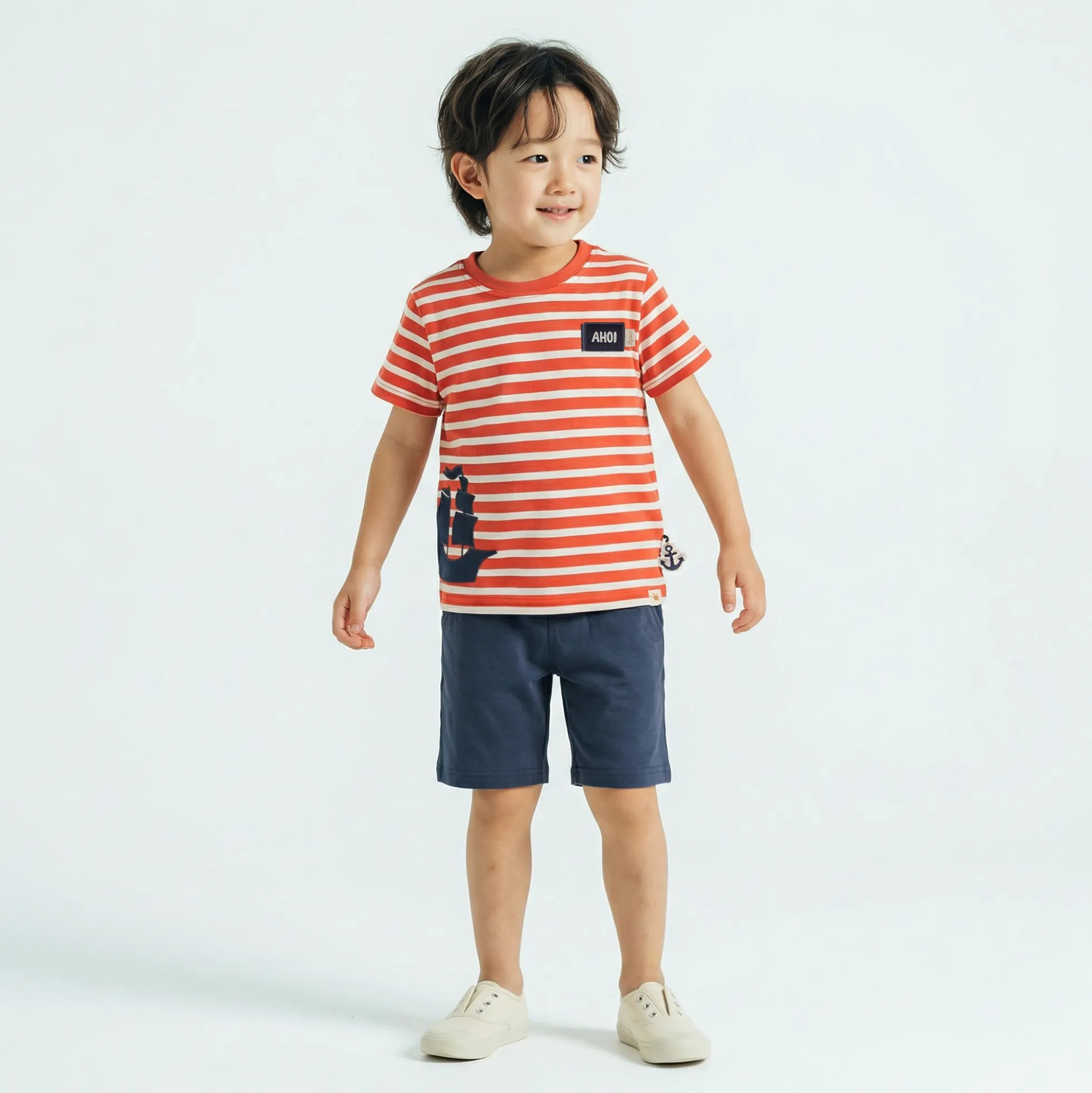 Kinder Ringel T-Shirt Segelschiff, rot-weiß