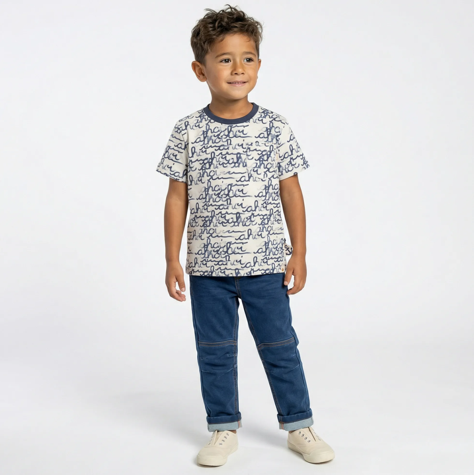 Kinder T-Shirt "Ahoi" Print, weiß mit blau
