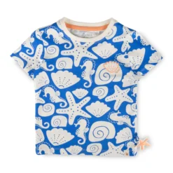 Kinder T-Shirt Strand Print, blau mit weiß