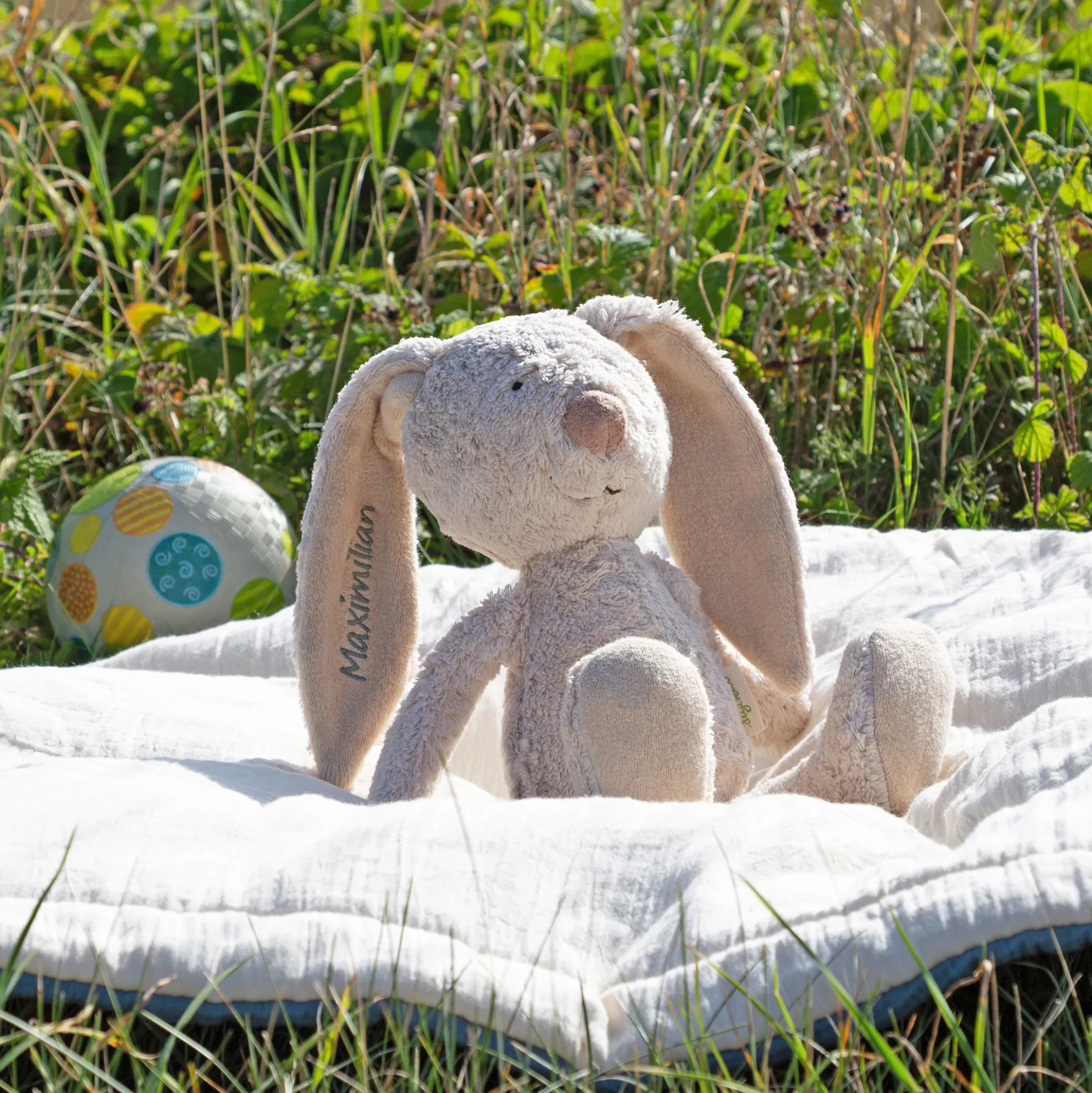 Kuscheltier Hase mit Namens-Stickerei, Bio-Baumwolle & Schurwolle, Pure Collection