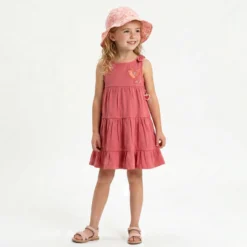 Ärmelloses Kinder Volant Kleid mit Vogel Motiv, rosarot