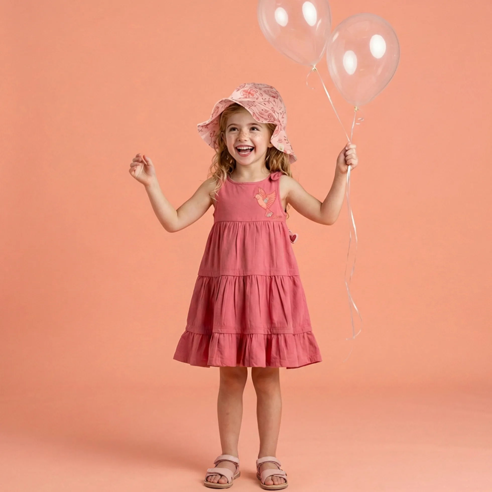 Ärmelloses Kinder Volant Kleid mit Vogel Motiv, rosarot