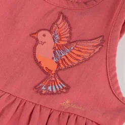 Ärmelloses Kinder Volant Kleid mit Vogel Motiv, rosarot