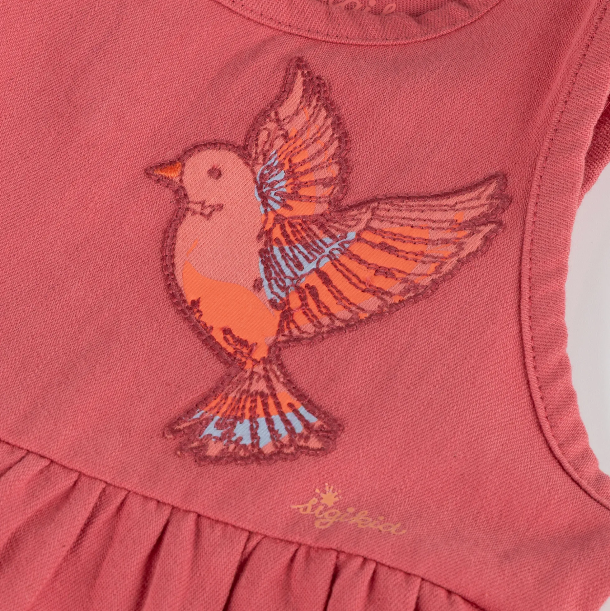 Ärmelloses Kinder Volant Kleid mit Vogel Motiv, rosarot